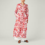 Red and white leaf print linen long tunic