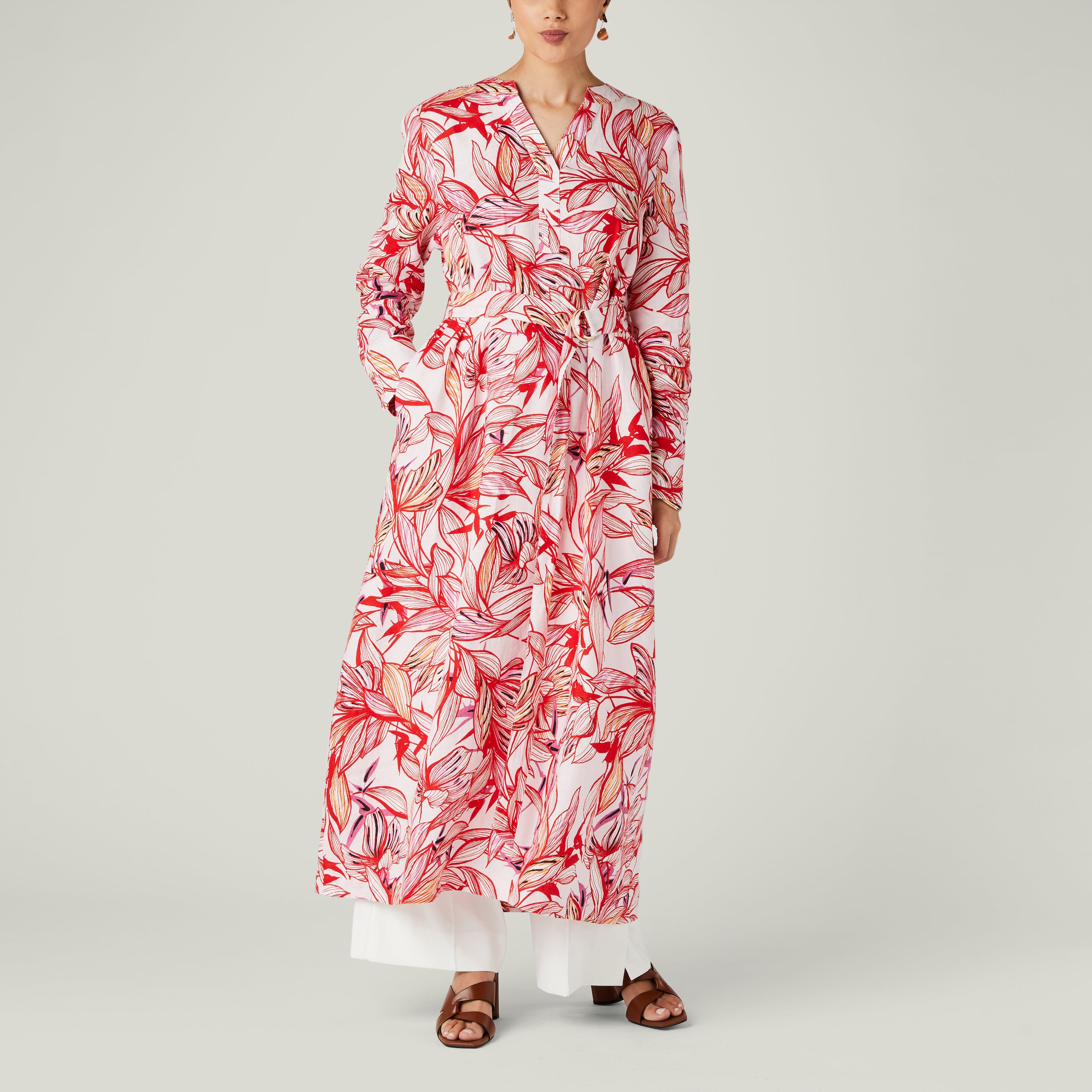 Red and white leaf print linen long tunic