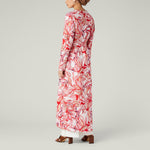 Red and white leaf print linen long tunic