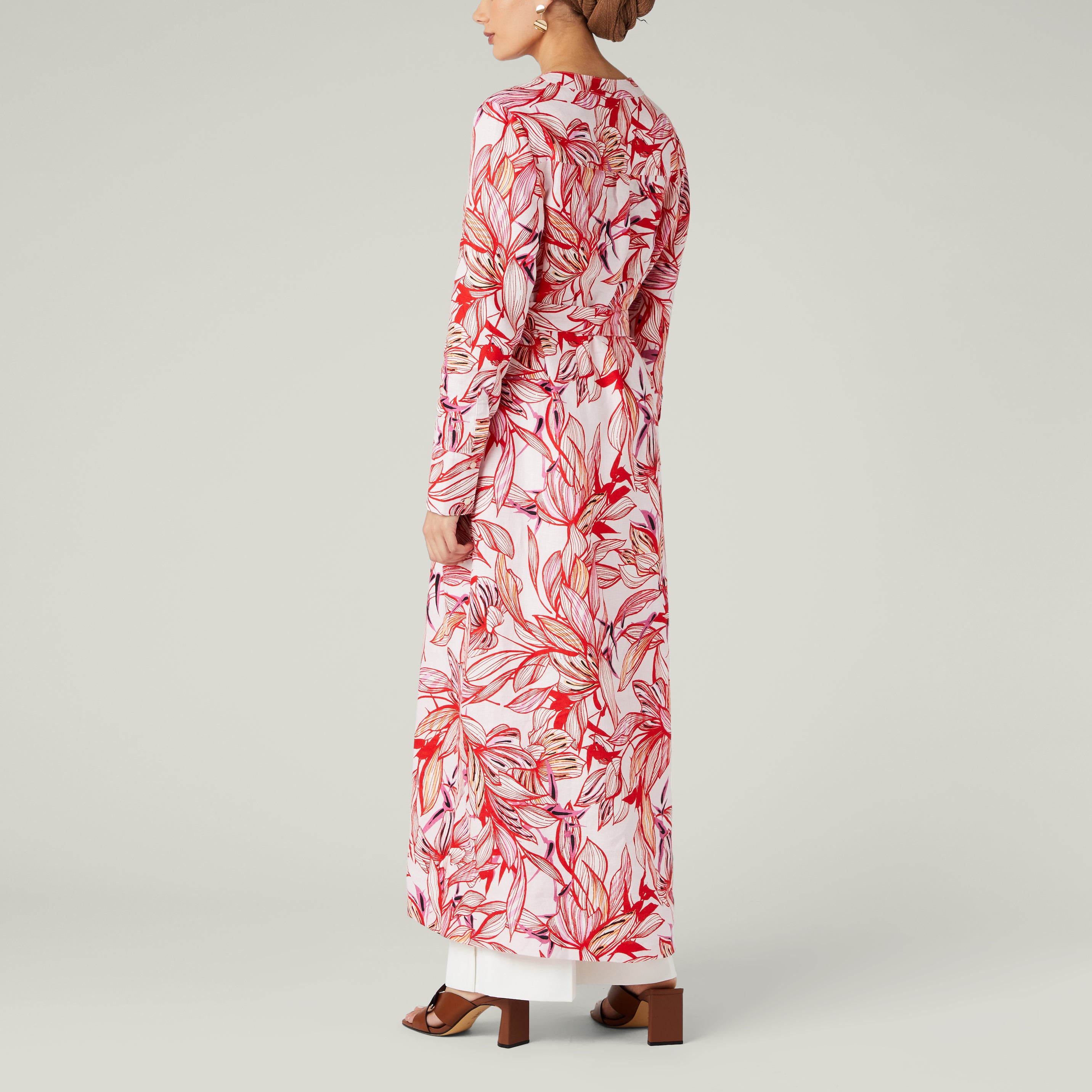 Red and white leaf print linen long tunic