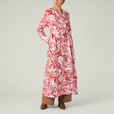 Red and white leaf print linen long tunic