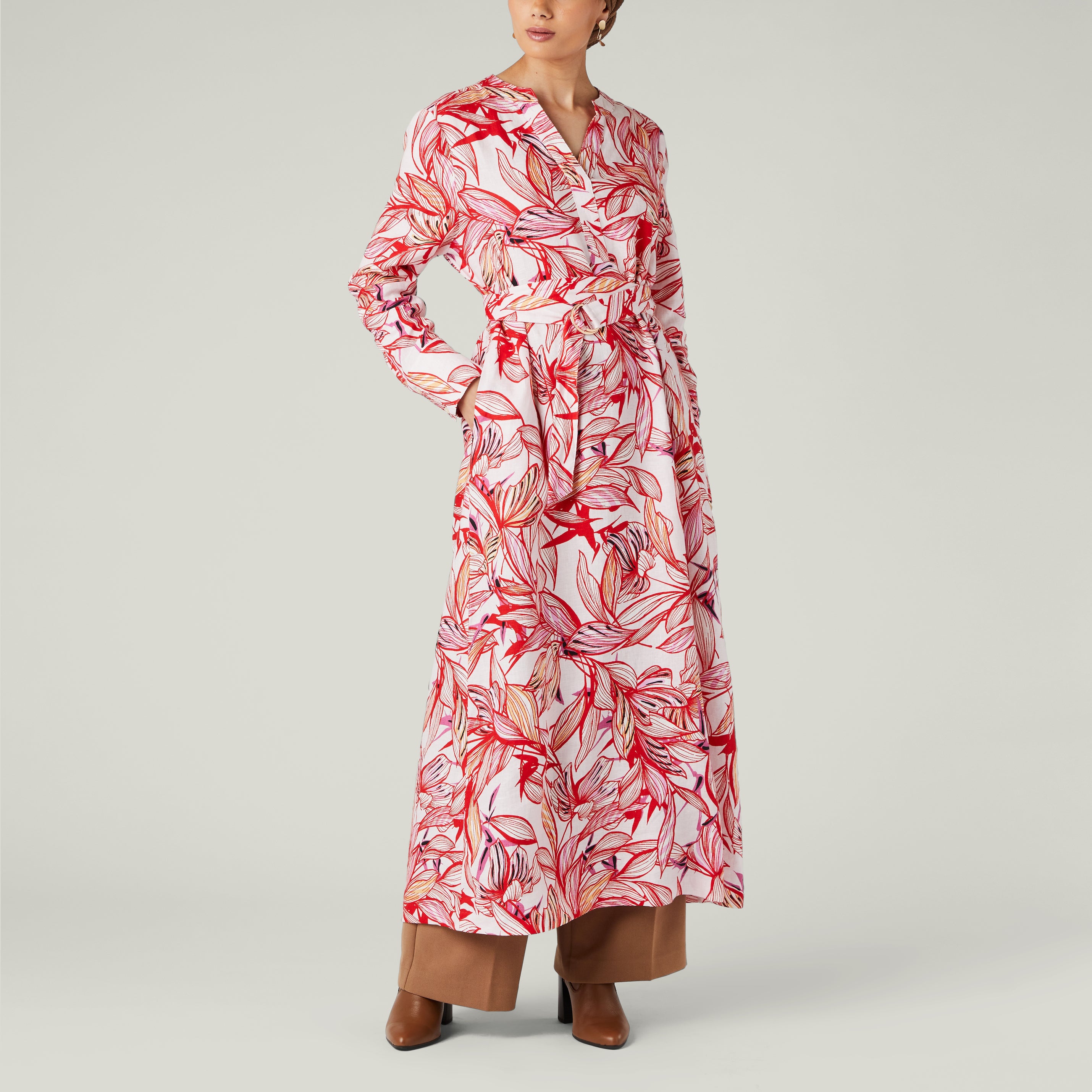 Red and white leaf print linen long tunic