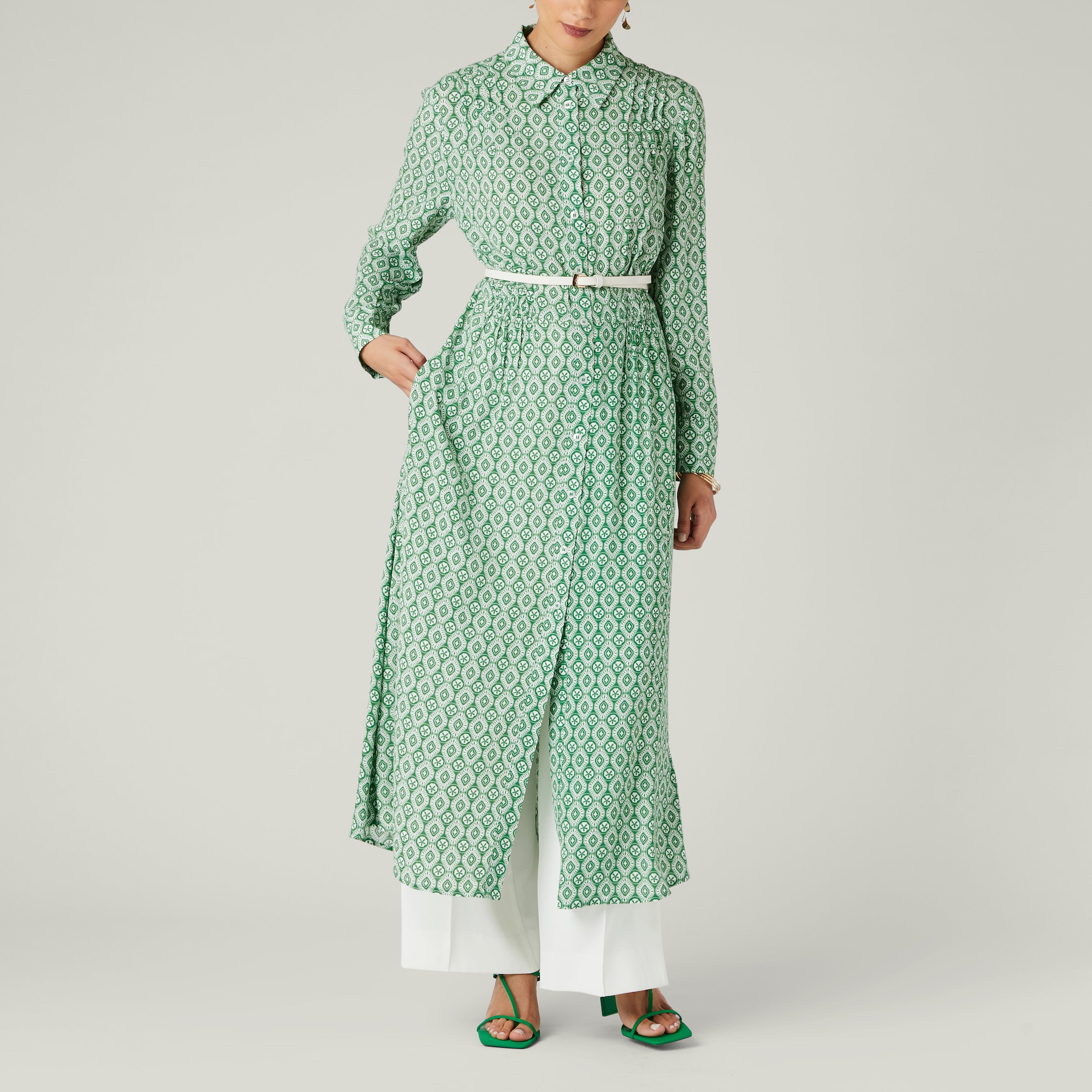 Geometric Print Shirt Dress, Green NAAYIB Geometric Print Shirt Dress, Green NAAYIB