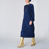 Long Sleeve Satin Dress, Navy