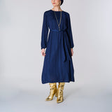 Long Sleeve Satin Dress, Navy