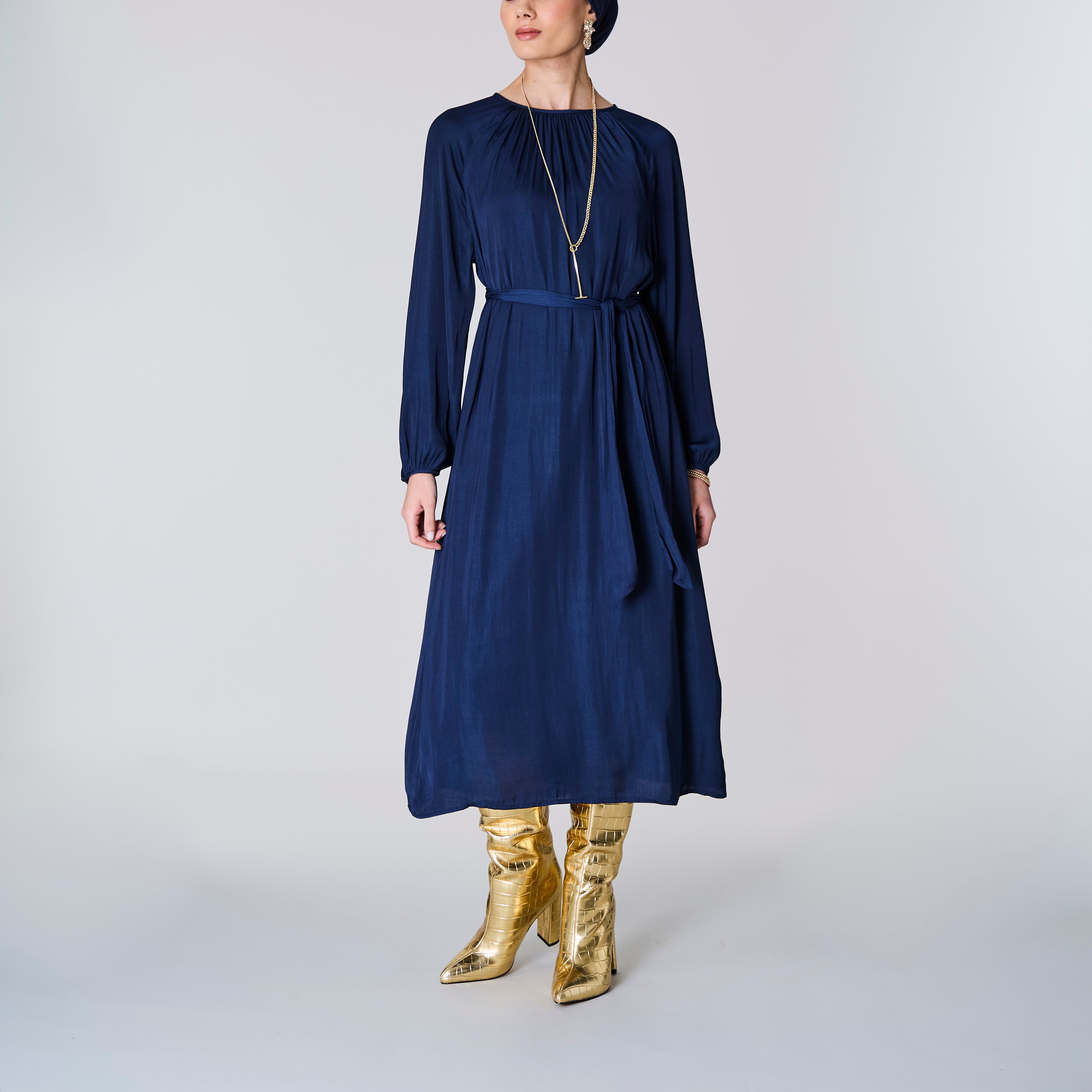 navy long sleeve satin dress Azazie Sonata