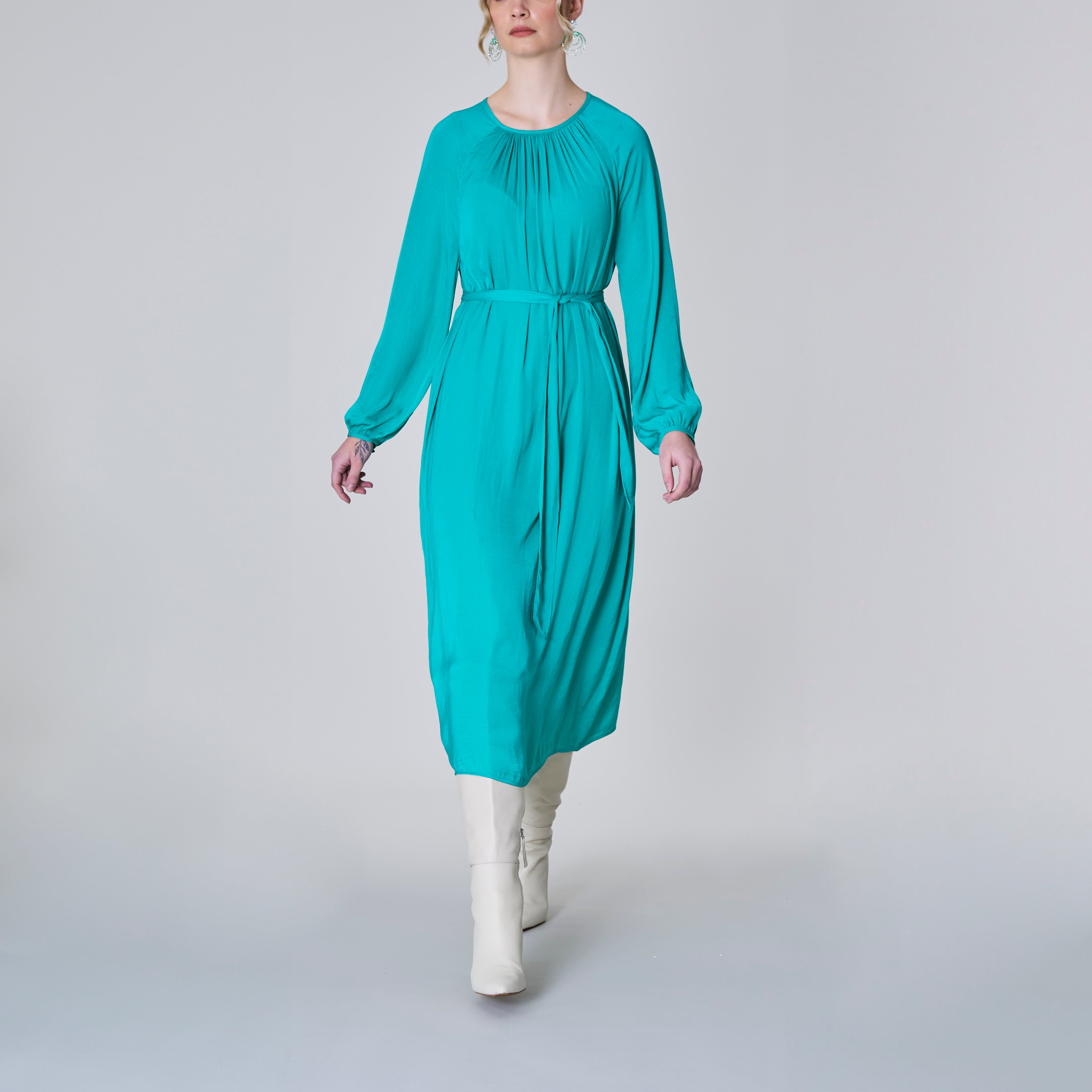 Long Sleeve Satin Dress, Turquoise NAAYIB Long Sleeve Satin Dress, Turquoise NAAYIB