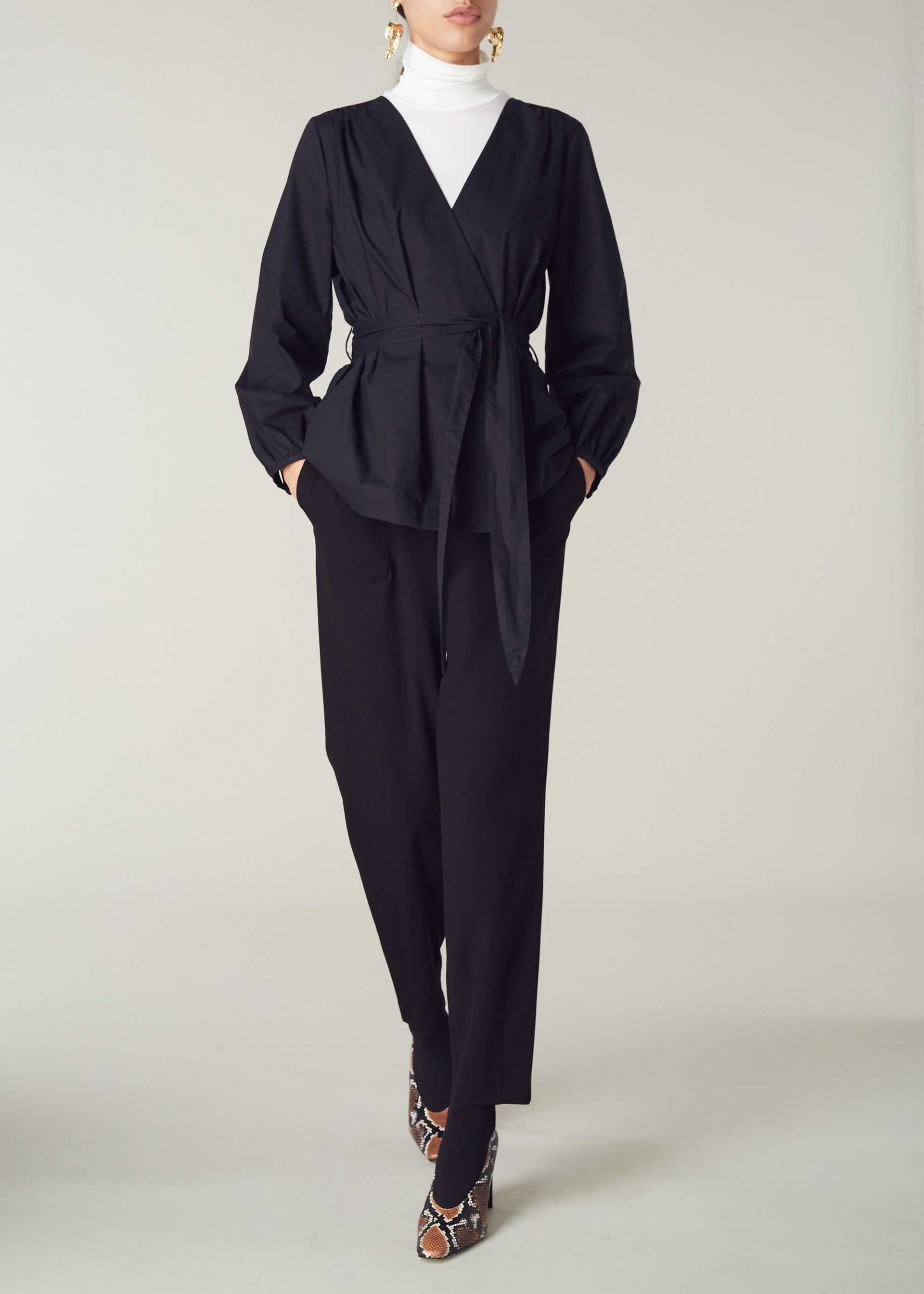 Crisp Black Cotton Wrap Blouse with long tie details.Ê