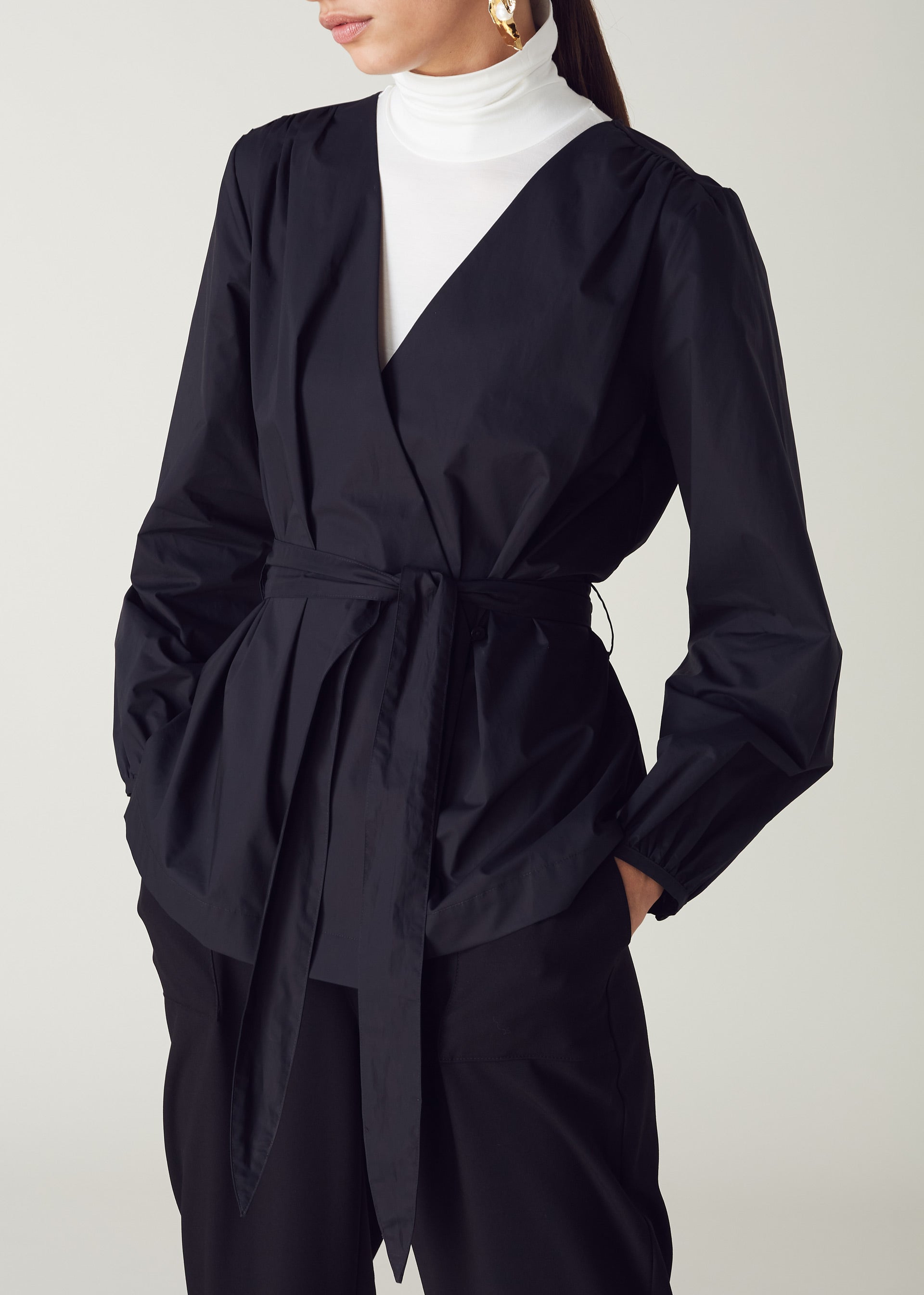 Crisp Black Cotton Wrap Blouse with long tie details.Ê