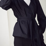 Crisp Black Cotton Wrap Blouse with long tie details.Ê