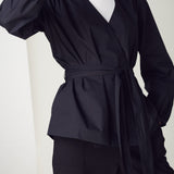 Crisp Black Cotton Wrap Blouse with long tie details.Ê