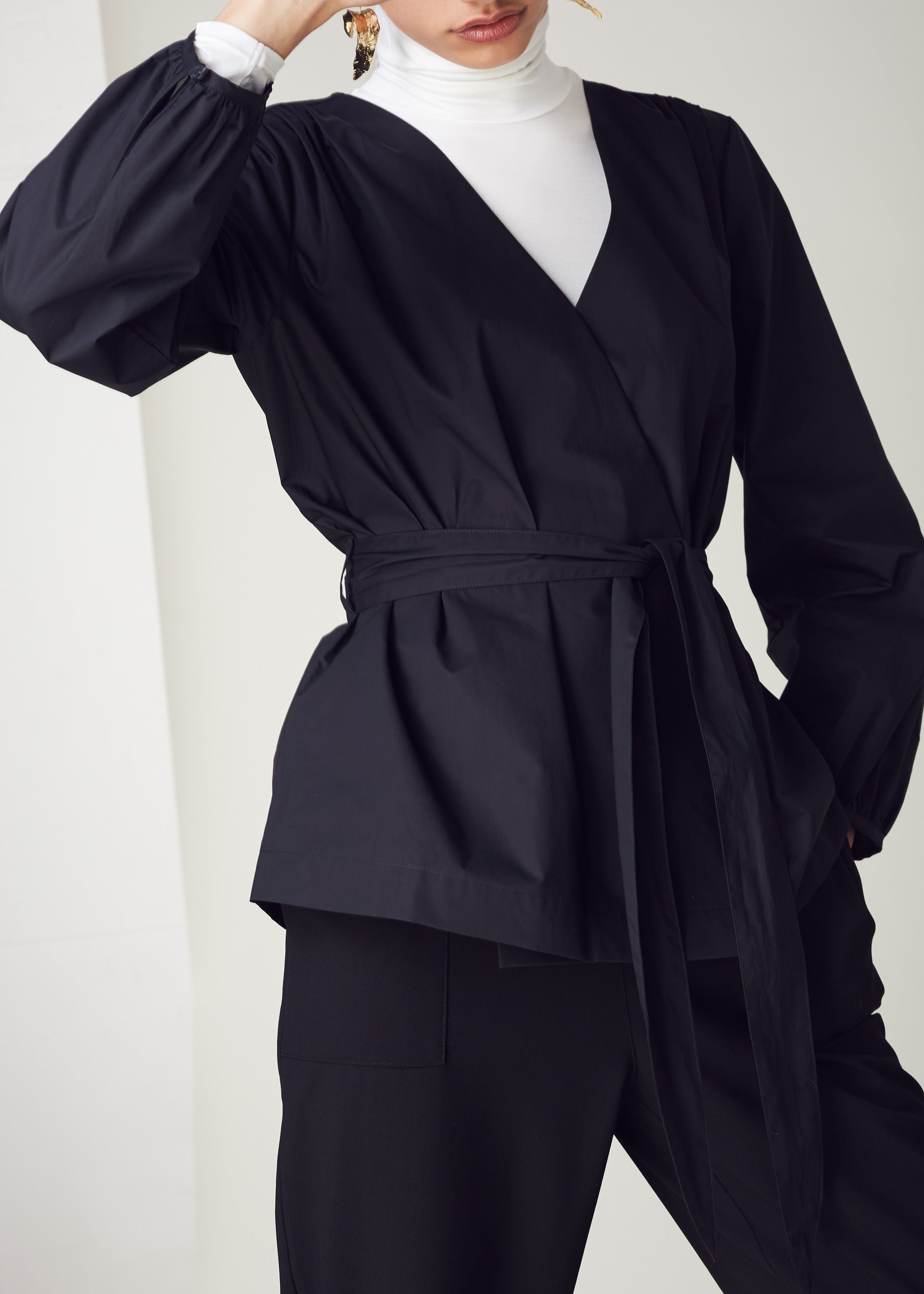 Crisp Black Cotton Wrap Blouse with long tie details.Ê