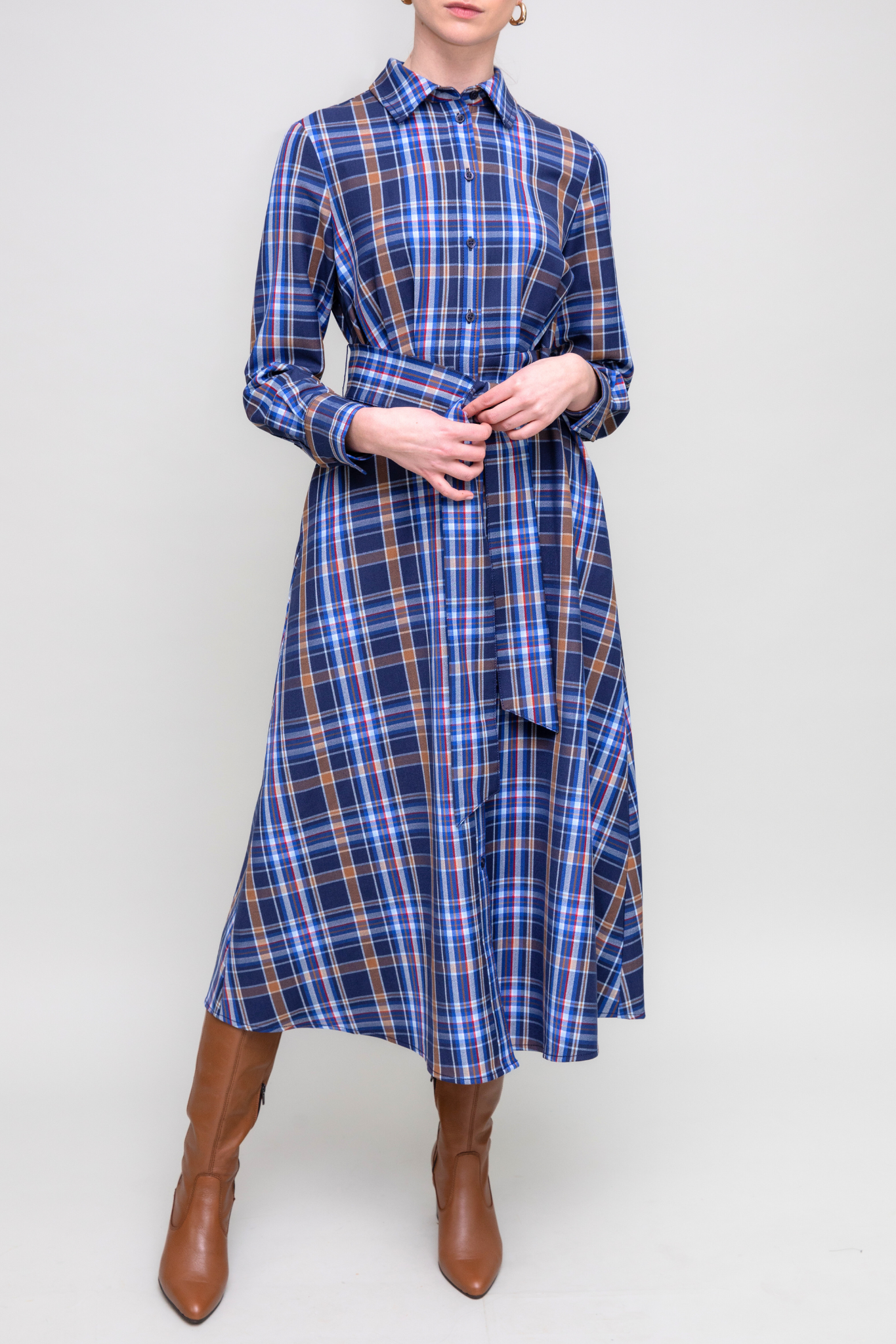 Navy Check A-Line Shirt Dress
