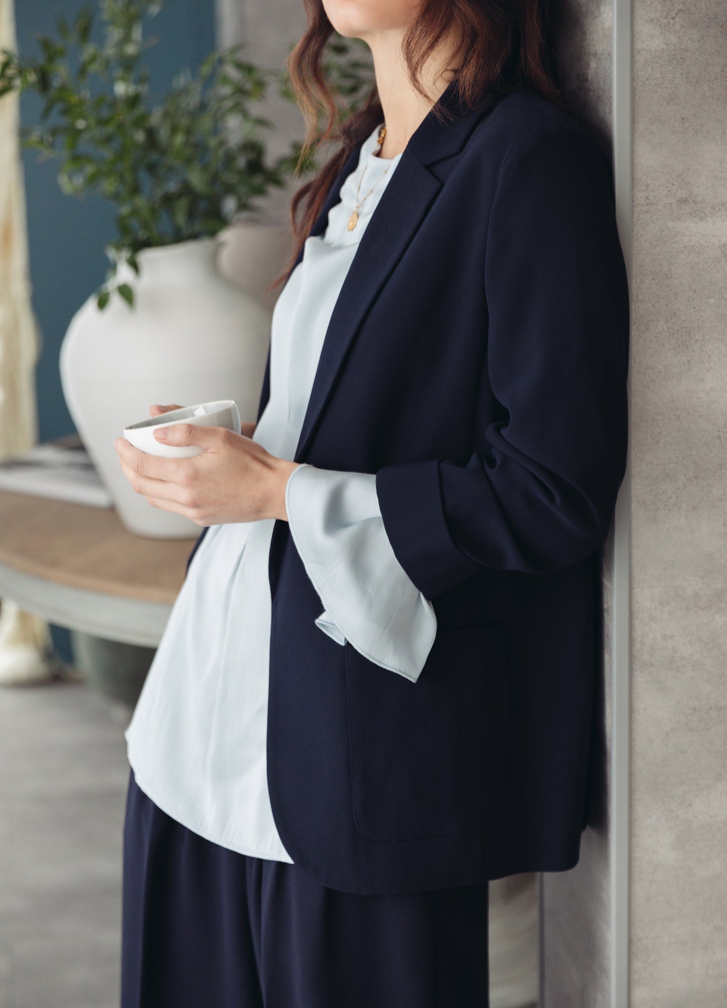 Relaxed Tailoring Statement Jacket in Classic Navy for Summer, Ruched Sleeves