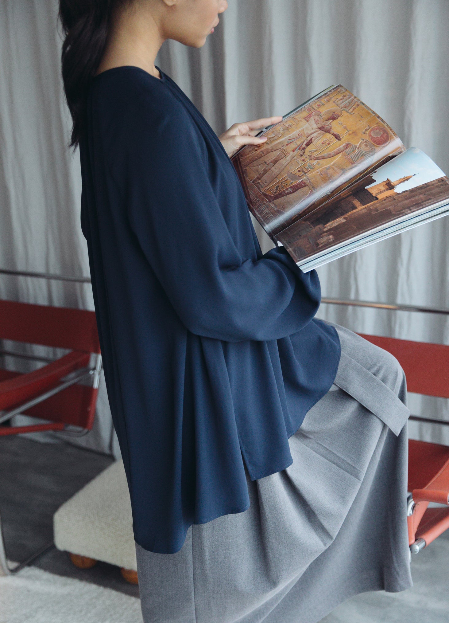 Elevated Essential, Statement Blouse in Timeless Navy, Versatile long length comfort and adaptability.