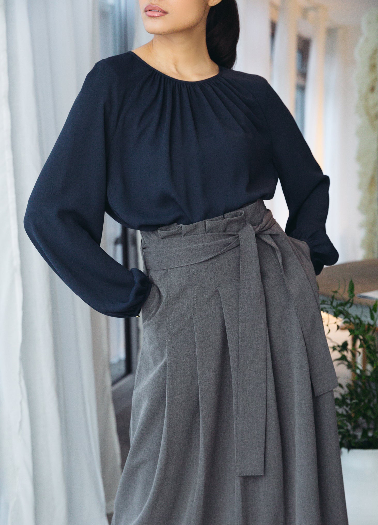 Elevated Essential, Statement Blouse in Timeless Navy, Versatile long length comfort and adaptability.