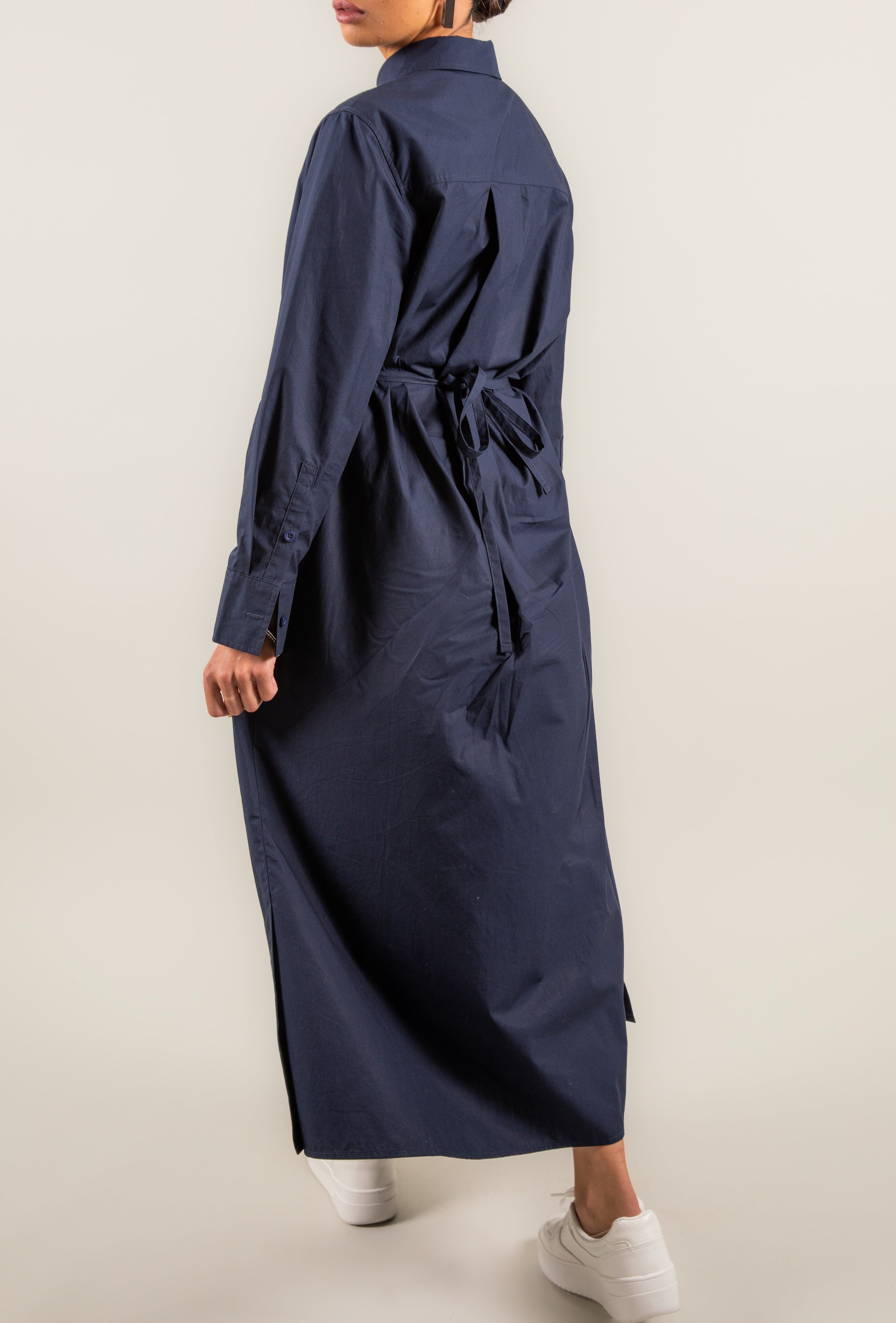Classic Navy Shirt Dress with Drawstring Ties for Ruching at Front