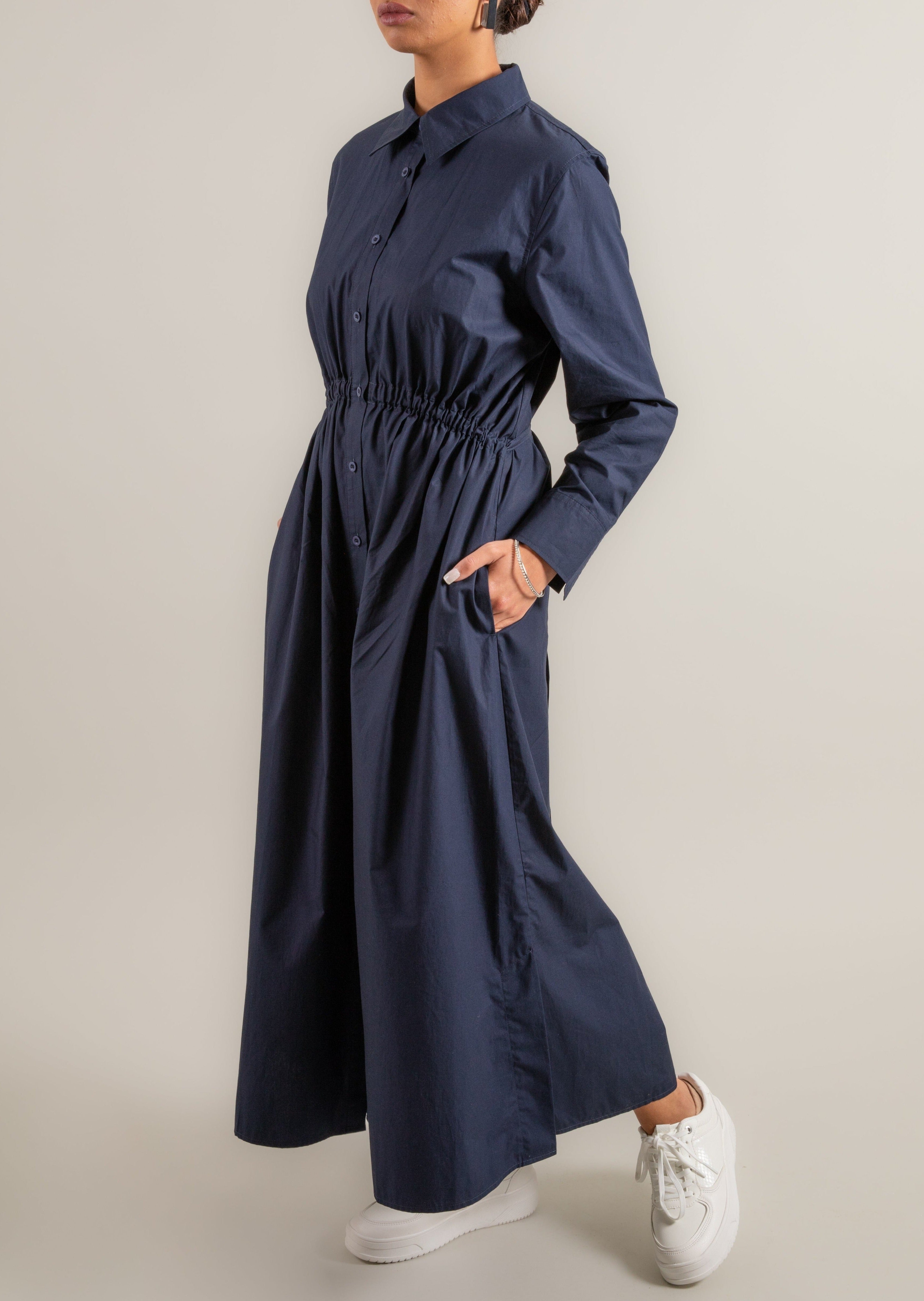 Classic Navy Shirt Dress with Drawstring Ties for Ruching at Front