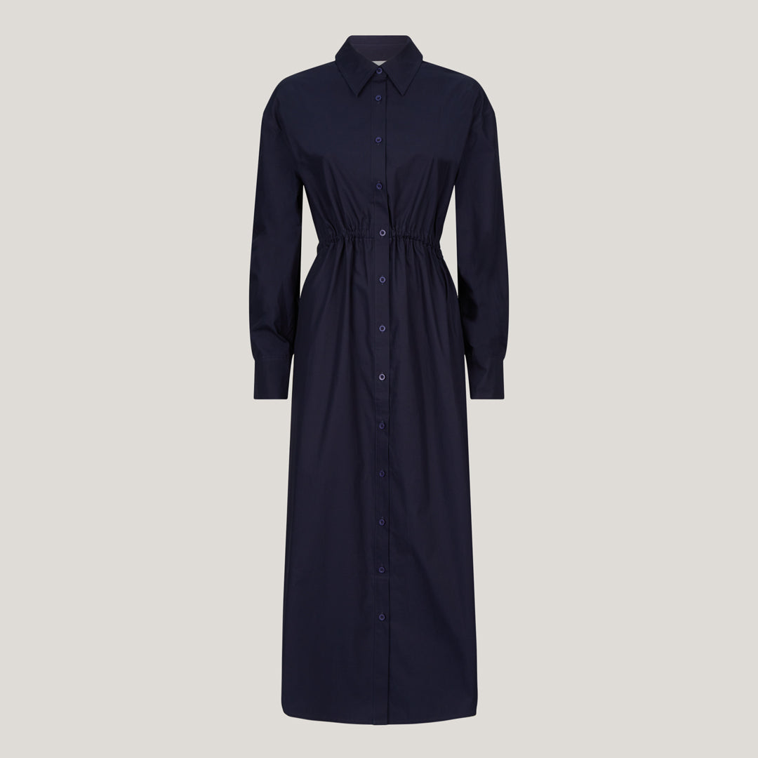Classic Navy Shirt Dress with Drawstring Ties for Ruching at Front