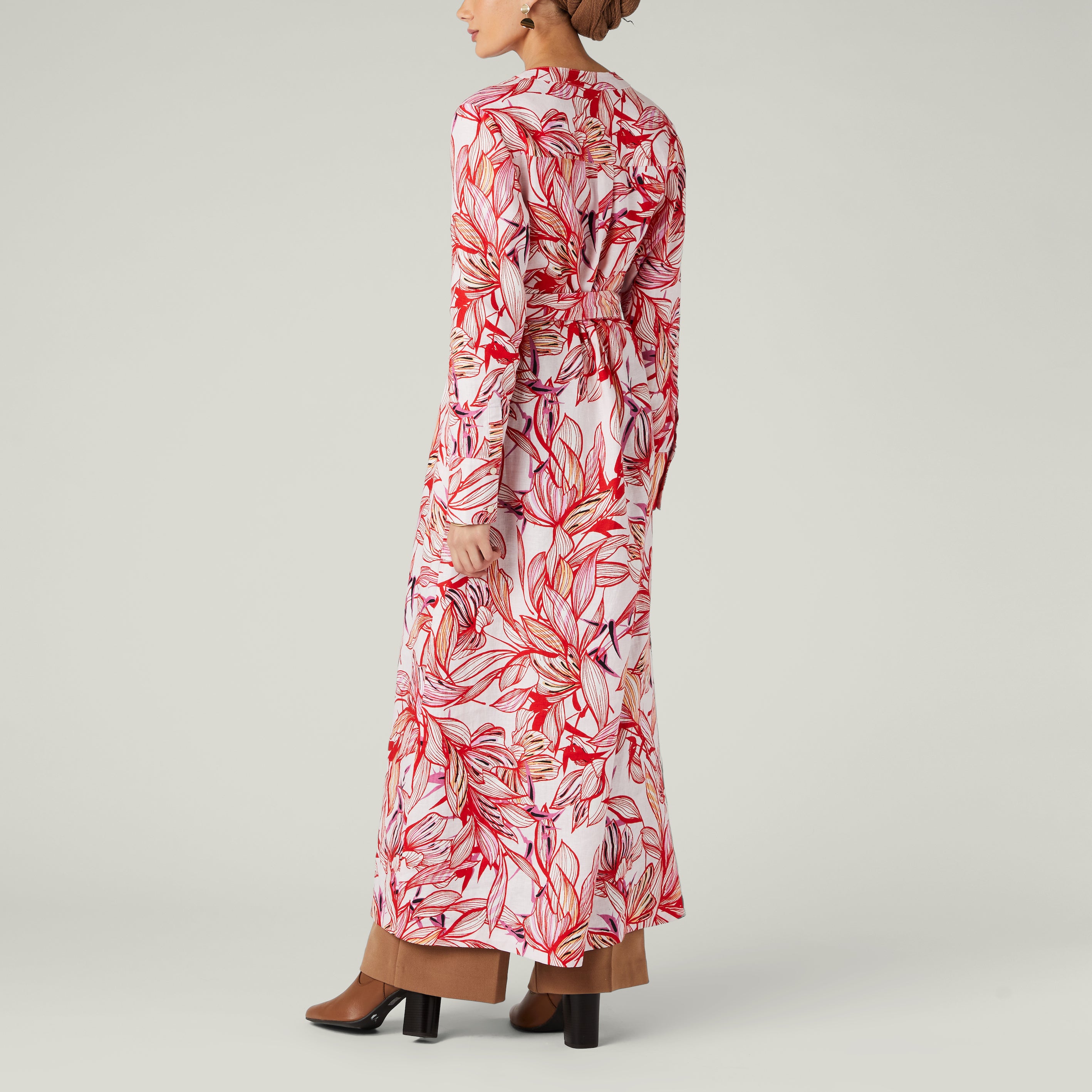 Red and white leaf print linen long tunic