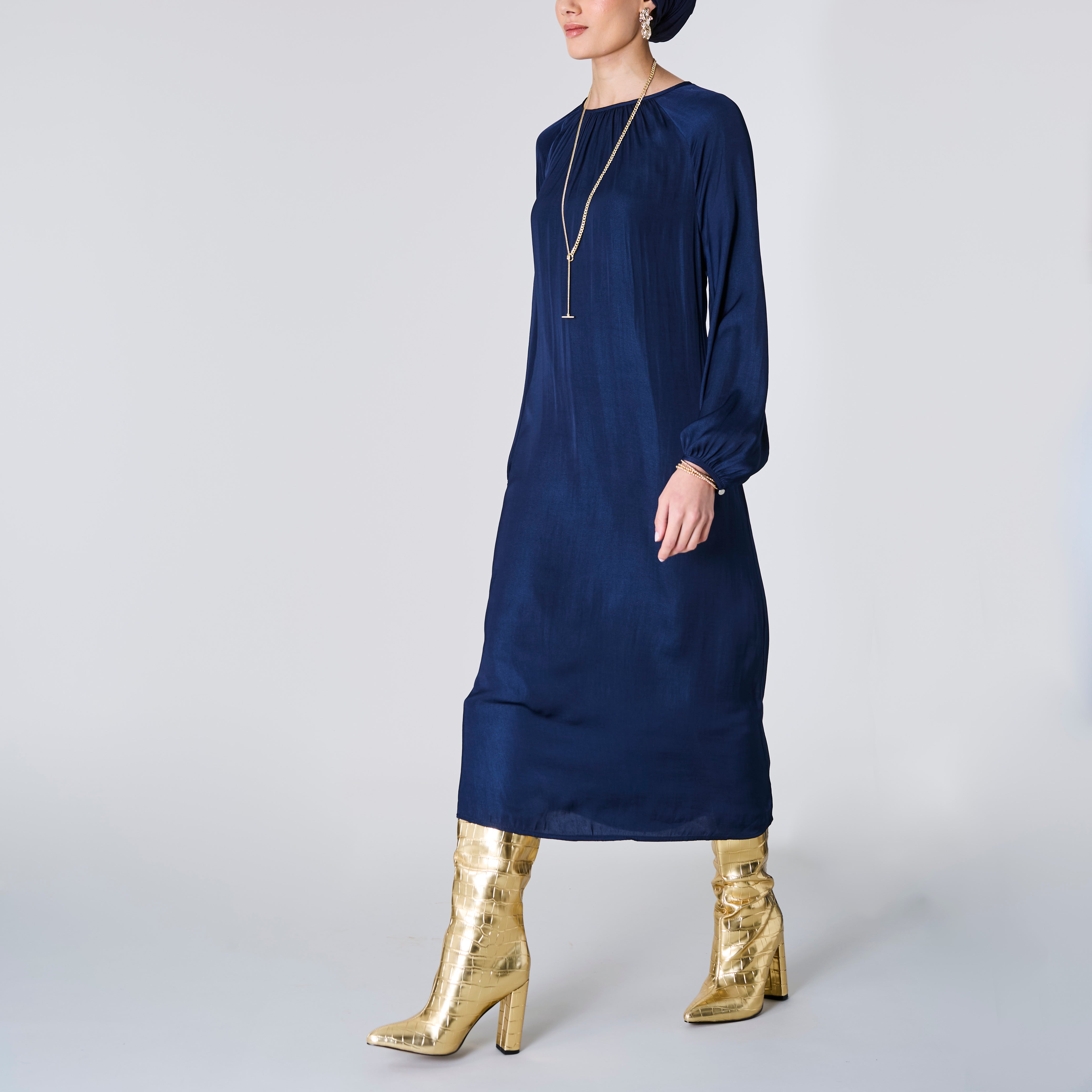 long sleeve navy satin dress Azazie Leonia