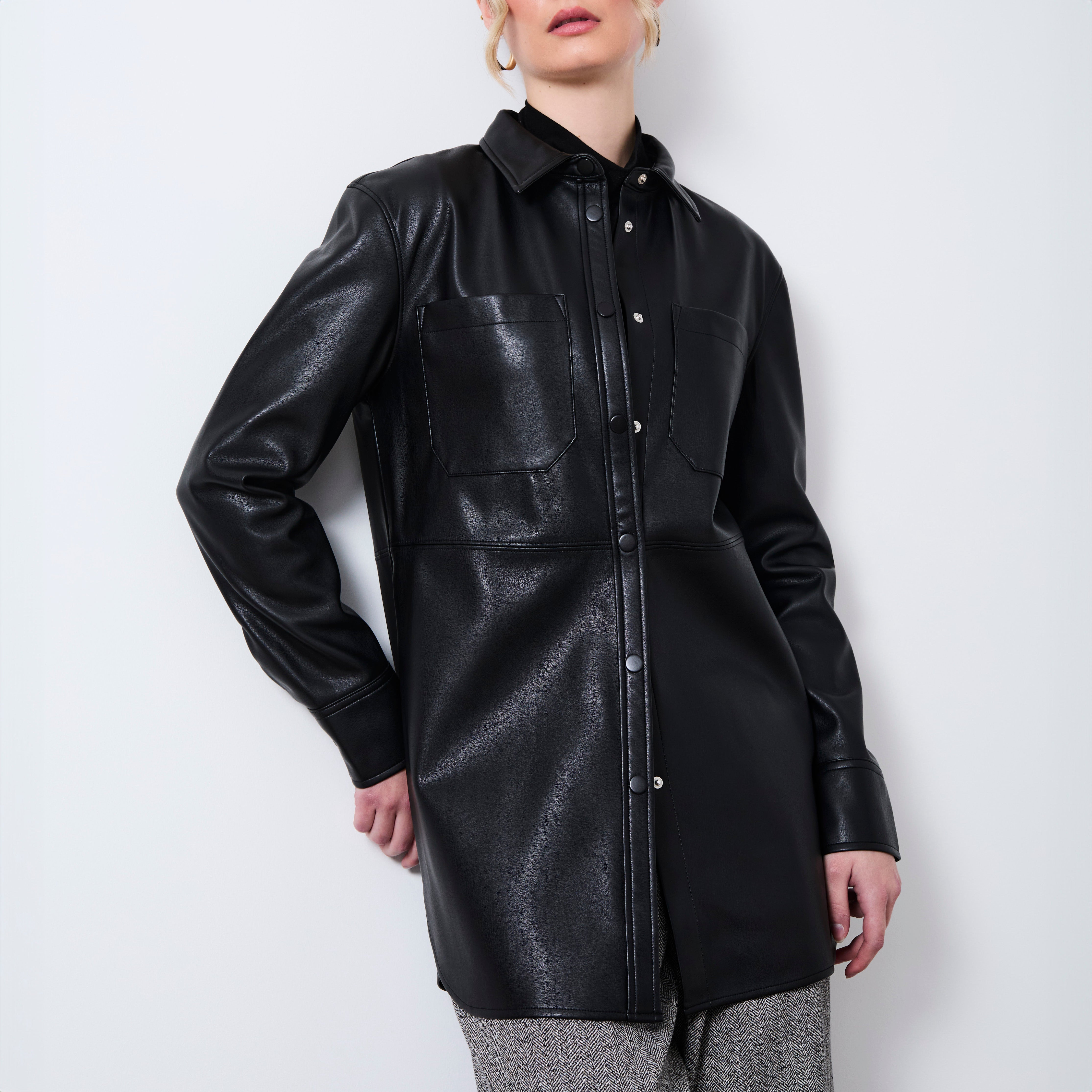 Faux Leather Shacket, Black NAAYIB Faux Leather Shacket, Black NAAYIB
