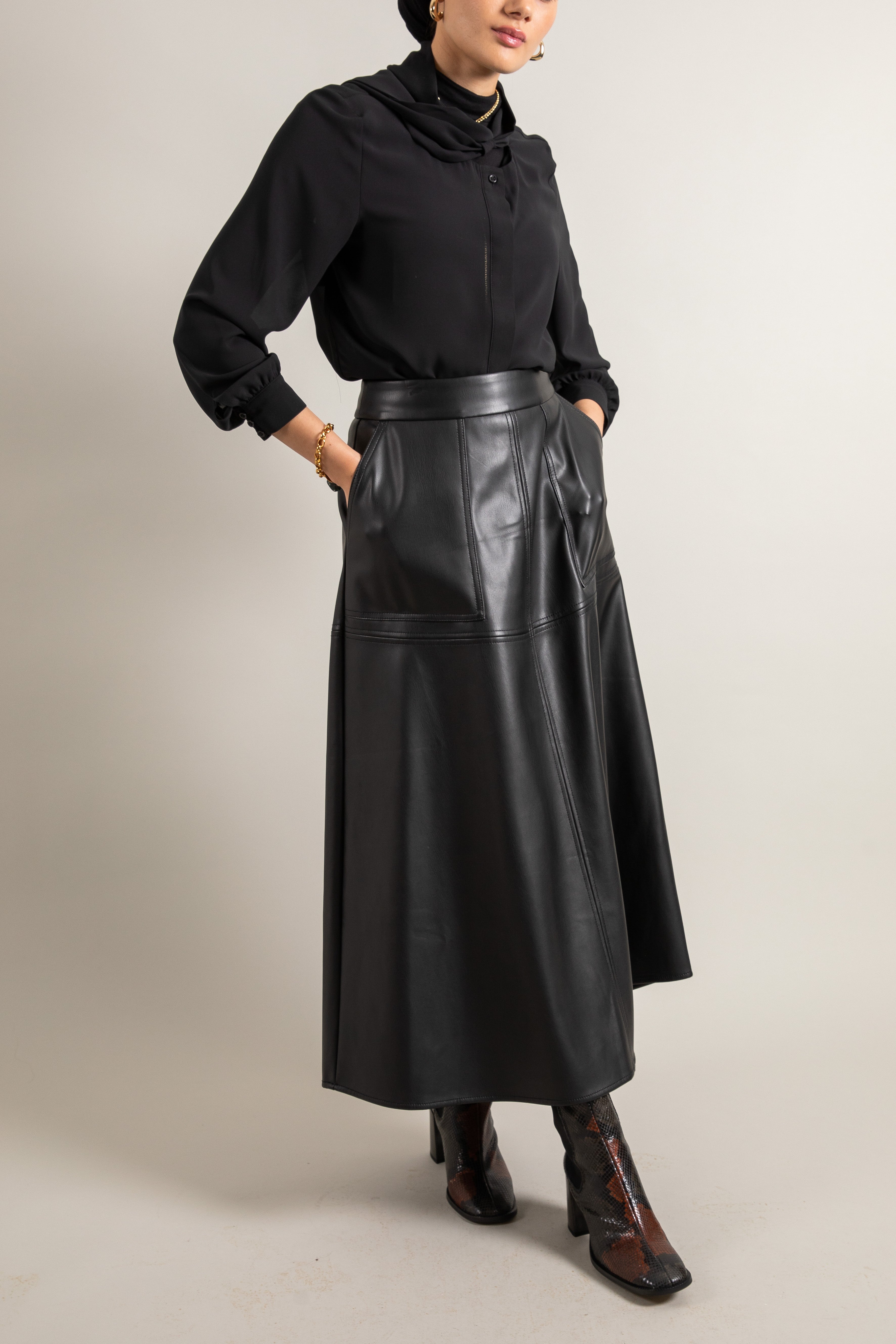 Faux Leather A Line Maxi Skirt, Black – NAAYIB